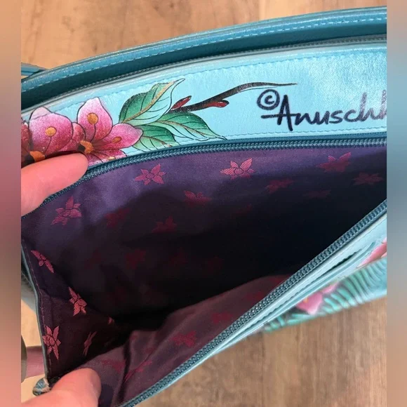 Anuschka Peacock Hand-Painted Blue Floral Crossbody Bag - Picture 10 of 15